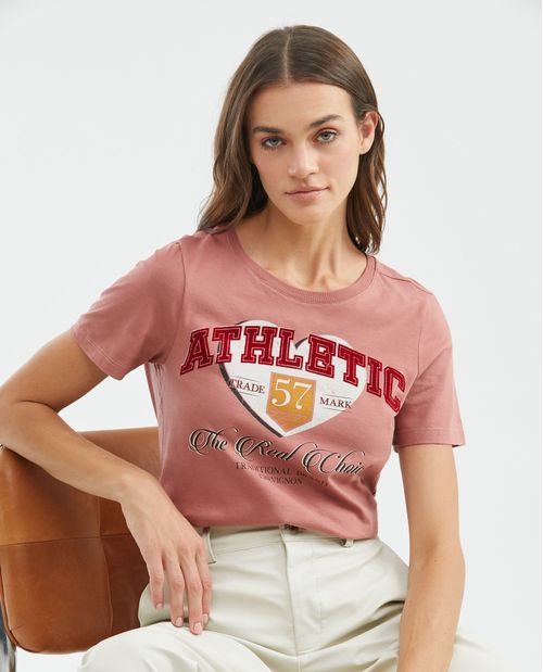 Camiseta Gráfica de Mujer, Manga Corta Cuello Redondo - Diseño Estampado Textil y Flock