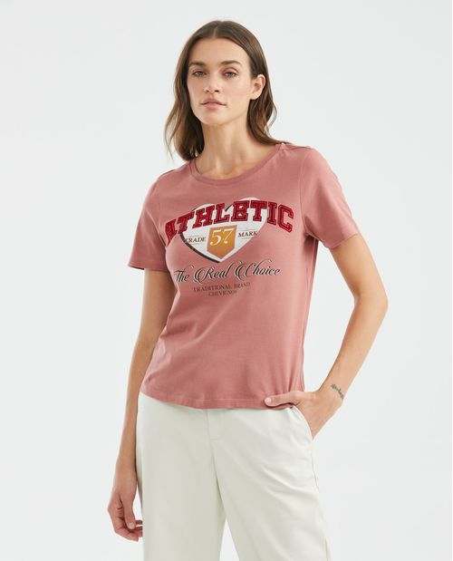 Camiseta Gráfica de Mujer, Manga Corta Cuello Redondo - Diseño Estampado Textil y Flock