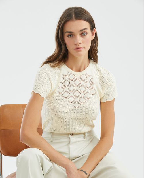 Camiseta Tejida de Mujer, Silueta Ajustada Cuello Redondo Manga Ranglan - Galga Súper Liviana