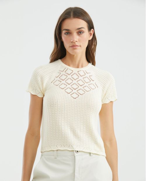 Camiseta Tejida de Mujer, Silueta Ajustada Cuello Redondo Manga Ranglan - Galga Súper Liviana