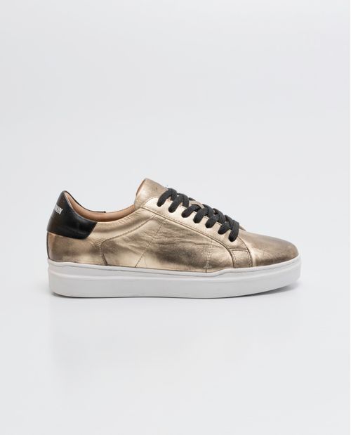 Tenis de Mujer en Cuero, Caña Baja Horma Redondeada - Combinación Cuero Anilina Liso y Folia Dorada