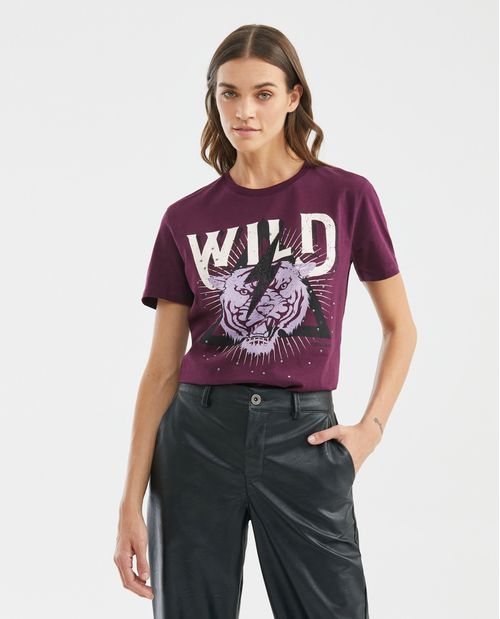 Camiseta Gráfica de Mujer, Manga Corta Cuello Redondo - Diseño Estampado Textil + Piedras y Taches