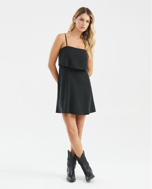 Vestido Corto Silueta Línea A, Escote Cuadrado Tirantes Delgados - Falda con Vuelo