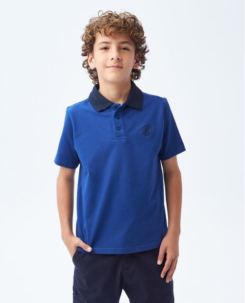 Camiseta de Niño Tipo Polo, Straight Fit Manga Corta - Cuello en Contraste + Líneas 3D