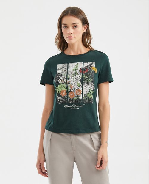 Camiseta Gráfica de Mujer, Manga Corta Cuello Redondo - Gráfico Frontal Estampado