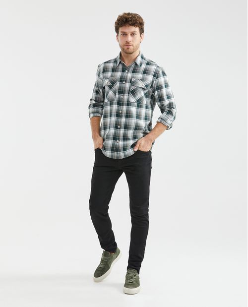 Camisa de Hombre, Classic Fit Manga Larga - Cuadros + Bolsillos de Parche