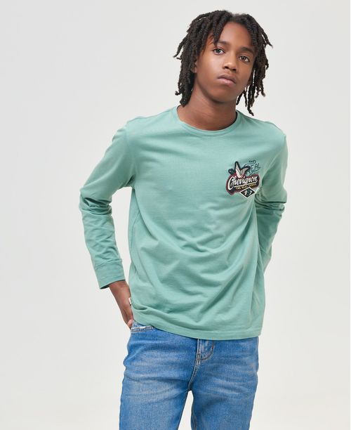 Camiseta de Niño, Straight Fit Cuello Redondo Manga Larga - Aplique Bordado y Estampado