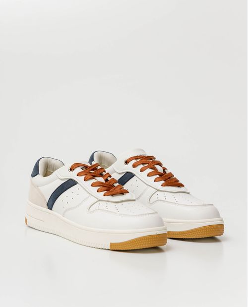 Tenis de Hombre en Cuero, Caña Baja Horma Redondeada y Deportiva - Mezcla de Cueros + Contraste de Color