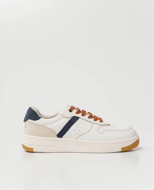 Tenis de Hombre en Cuero, Caña Baja Horma Redondeada y Deportiva - Mezcla de Cueros + Contraste de Color