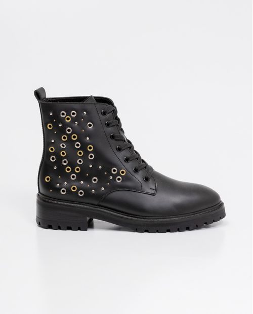 Botas de Mujer en Cuero, Tipo Militar, Caña Media Ajustada - Remaches y Ojaletes Metálicos Decorativos