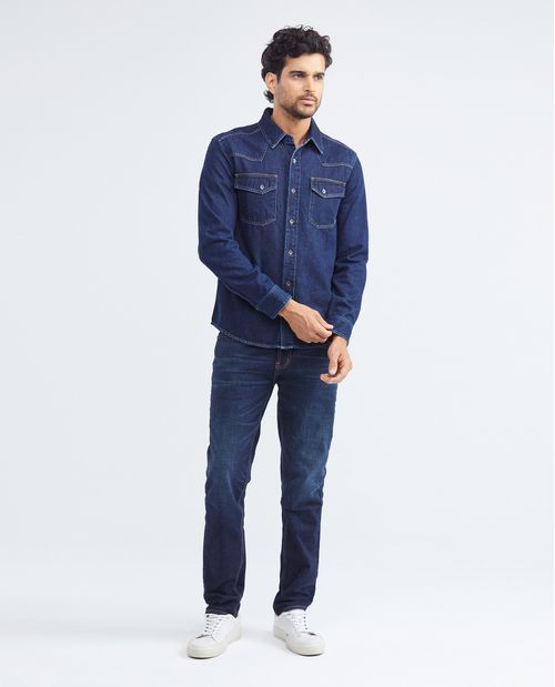 Camisa de Hombre en Denim, Slim Fit Manga Larga - Azul Ultra Oscuro Premium Denim