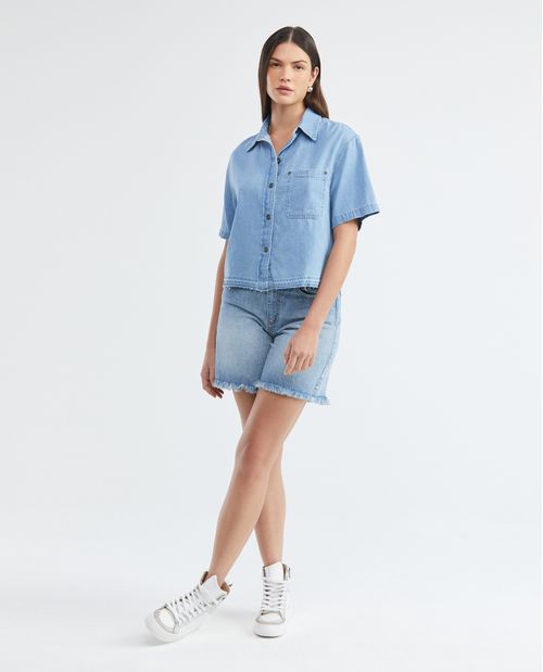 Camisa de Mujer en Denim Liviano, Slim Fit Manga Corta - Azul Claro