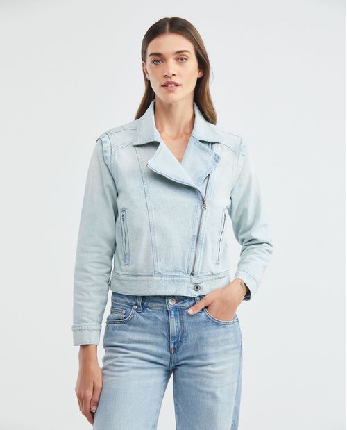 Chaqueta de Mujer en Denim, Tipo Biker Straight Fit - Azul Ultra Claro Efecto Dirty Vainilla