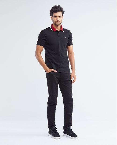 Camiseta de Hombre Tipo Polo, Slim Fit Manga Corta - Cuello Tejido en Contraste + Rayas en Contraste