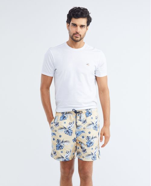 Pantaloneta de Baño Para Hombre, Regular Fit - Estampación Flores y Hojas Tropicales