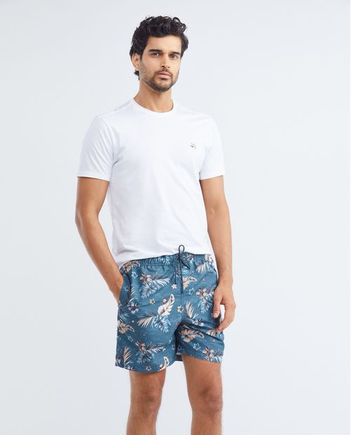 Pantaloneta de Baño Para Hombre, Regular Fit - Estampación Flores y Hojas Tropicales