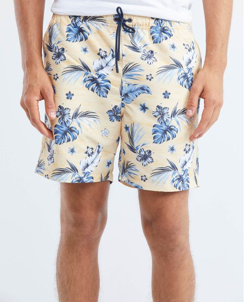Pantaloneta de Baño Para Hombre, Regular Fit - Estampación Flores y Hojas Tropicales