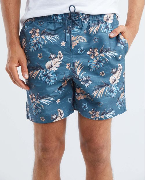 Pantaloneta de Baño Para Hombre, Regular Fit - Estampación Flores y Hojas Tropicales