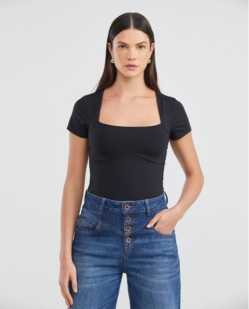 Camiseta Básica de Mujer, Manga Corta Cuello Cuello Cuadrado - Esencial Silueta Ajustada Poliamida