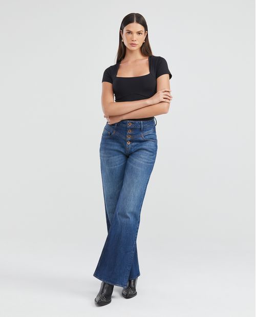 Camiseta Básica de Mujer, Manga Corta Cuello Cuello Cuadrado - Esencial Silueta Ajustada Poliamida