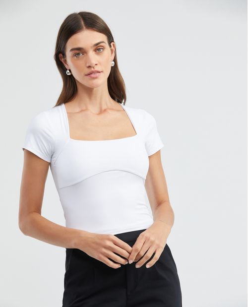 Camiseta Básica de Mujer, Manga Corta Cuello Cuello Cuadrado - Esencial Silueta Ajustada Poliamida