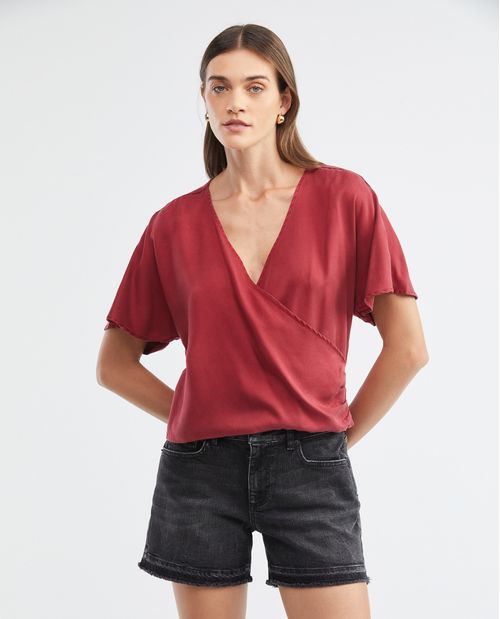 Blusa de Mujer, Tipo Crop Silueta Recta Manga Corta Escote en V - Recogido en Costado