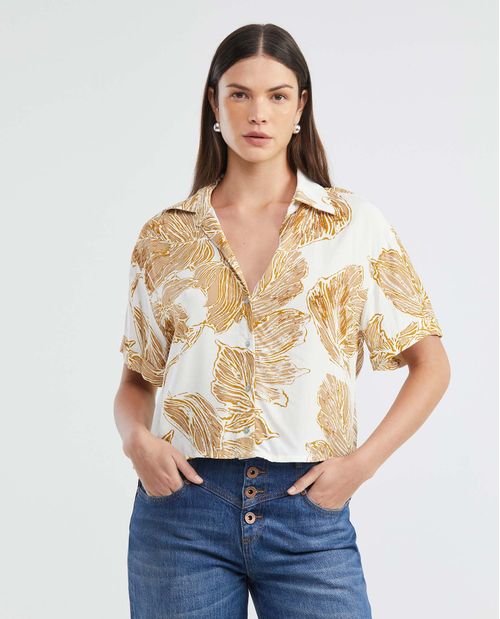 Camisa Resort de Mujer, Tipo Crop Silueta Oversized Manga Corta Cuello Camisero Escote en V - Maxi Print Follaje