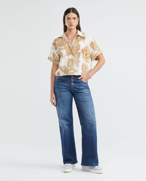 Camisa Resort de Mujer, Tipo Crop Silueta Oversized Manga Corta Cuello Camisero Escote en V - Maxi Print Follaje