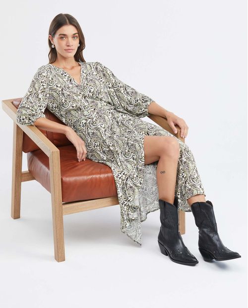 Vestido Largo Silueta Envolvente, Escote en V Manga 3/4 Puño Enresortado - Maxi Print Flores y Paisley