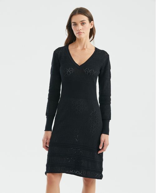 Vestido Tejido, Silueta Ajustada en Cintura Escote Profundo en V Manga Larga - Galga Liviana