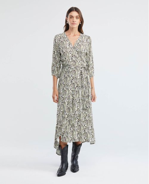 Vestido Largo Silueta Envolvente, Escote en V Manga 3/4 Puño Enresortado - Maxi Print Flores y Paisley