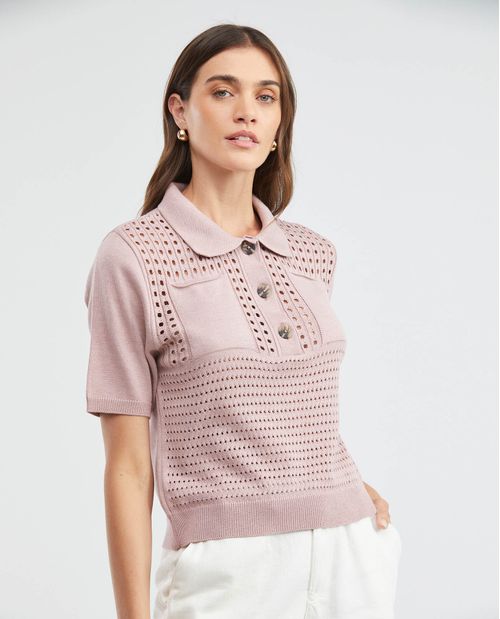 Camiseta Tejida de Mujer, Silueta Recta Cuello Tipo Polo Manga Corta - Galga Liviana
