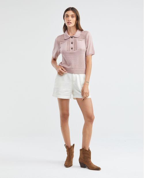 Camiseta Tejida de Mujer, Silueta Recta Cuello Tipo Polo Manga Corta - Galga Liviana