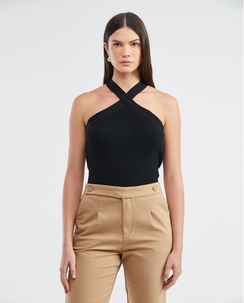 Top Tejido de Mujer, Silueta Recta Cuello Tipo Halter Tirantes Cruzados - Galga Liviana