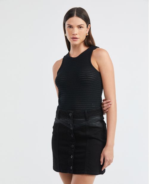 Camiseta Tejida de Mujer, Silueta Ajustada y Corta Cuello Redondo Manga Sisa - Galga Liviana