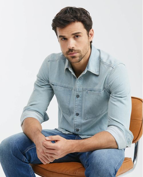 Camisa de Hombre en Denim, Slim Fit Manga Larga - Azul Claro Tipo Shaket