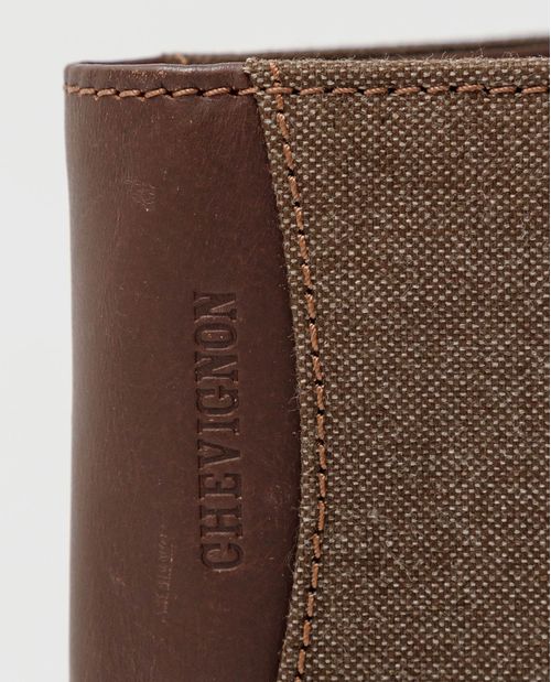 Billetera de Hombre en Cuero Semi Graso y Algodón, Formato Horizontal Tres Alas