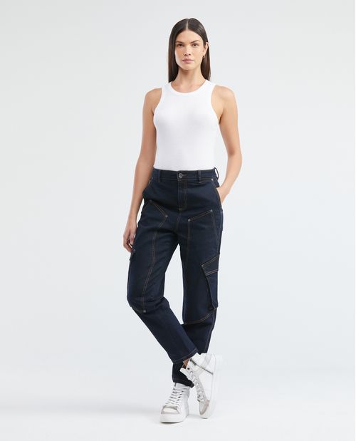 Jean de Mujer Ballon Leg, Boot Cut- Azul Ultra Oscuro Cortes + Remaches