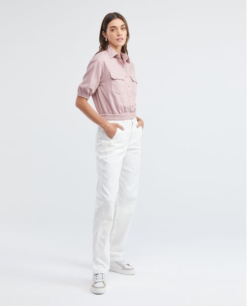 Camisa de Mujer, Tipo Crop Silueta Recta Manga Corta Cuello Camisero - Influencia Cargo