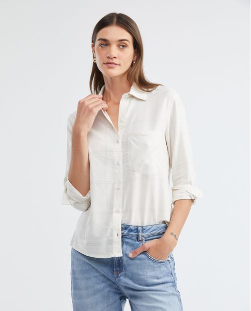 Camisa de Mujer, Silueta Recta Manga Larga Cuello Camisero - Cuadros Tipo Ventana