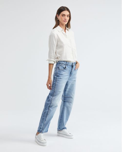 Camisa de Mujer, Silueta Recta Manga Larga Cuello Camisero - Cuadros Tipo Ventana