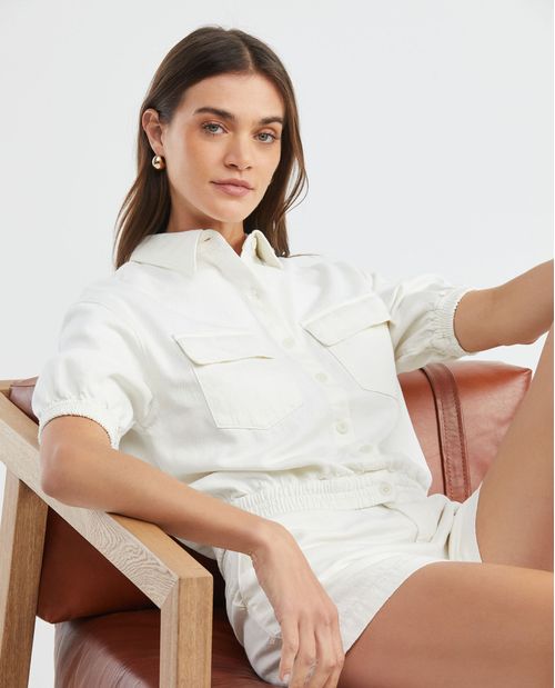 Camisa de Mujer, Tipo Crop Silueta Recta Manga Corta Cuello Camisero - Influencia Cargo