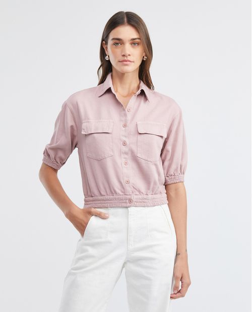Camisa de Mujer, Tipo Crop Silueta Recta Manga Corta Cuello Camisero - Influencia Cargo
