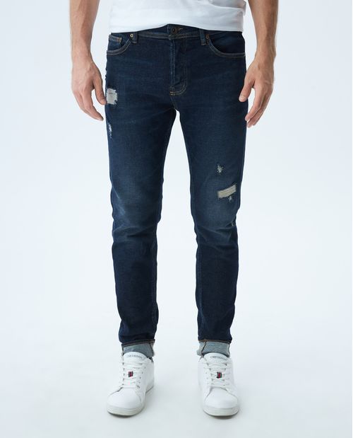Jean de Hombre Super Slim Fit, Rider, Bota Super Slim - Azul Ultra Oscuro + Rotos Pequeños