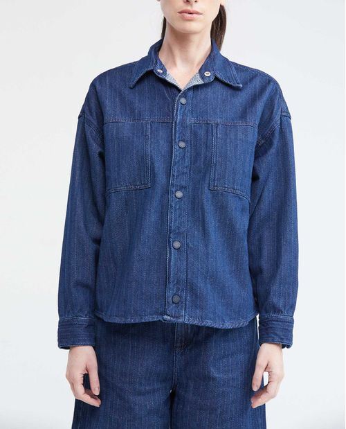 Camisa de Mujer en Denim, Straight Fit Manga Larga - Azul Medio