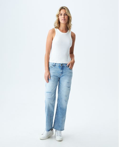 Jean de Mujer High Rise, Cosmo, Bota Relaxed - Azul Claro + Rotos