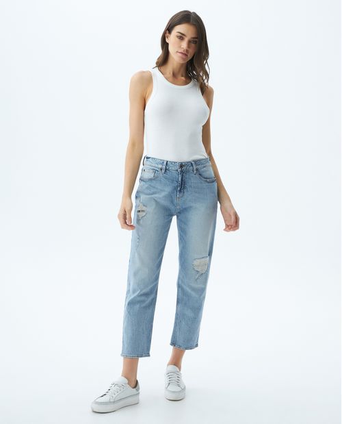 Jean de Mujer Medium Rise, Boyfit, Boot Cut - Azul Claro + Rotos