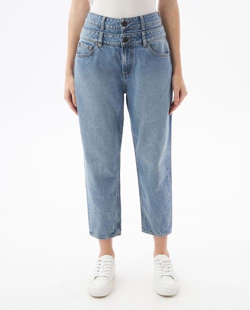 Jean de Mujer Medium Rise, Boyfit, Bota Skinny - Azul Claro Doble Pretina