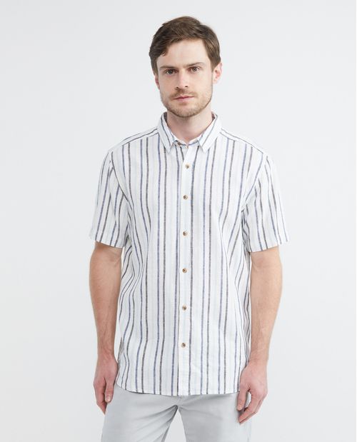 Camisa de Hombre, Classic Fit Manga Corta - Rayas Lino Algodón