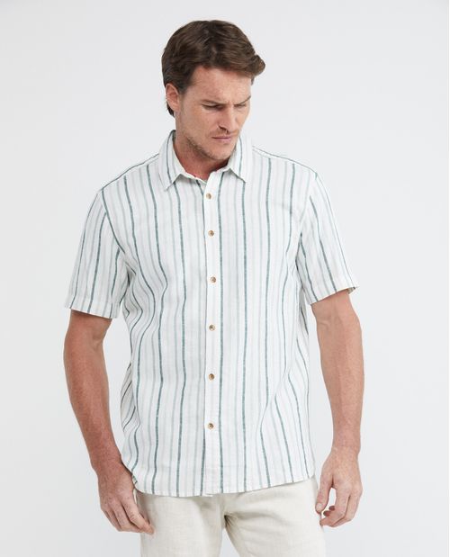 Camisa de Hombre, Classic Fit Manga Corta - Rayas Lino Algodón